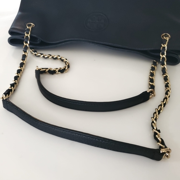 Tory Burch Black Leather Britten Triple Compartments Chain Strap Tote Bag - Picture 8 of 13